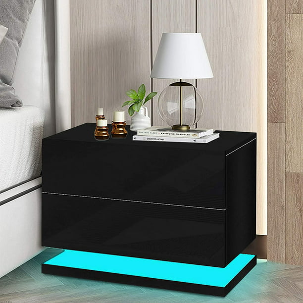 LED Light Bedside Table Nightstand Cabinet Front High Gloss Chest 2 Drawers